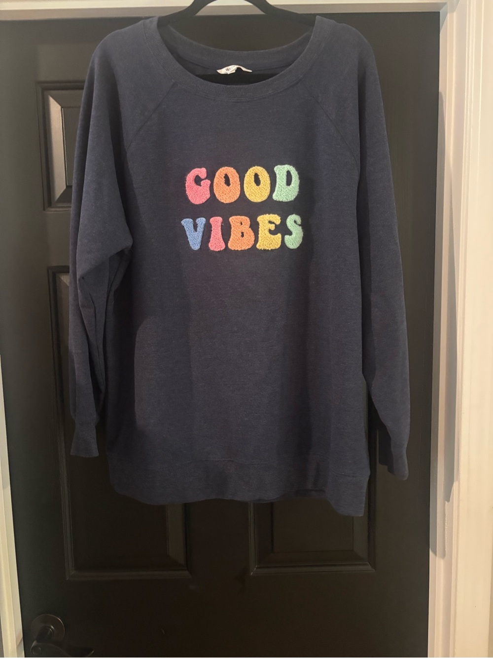 Wildfox Navy 'Good Vibes' Chenille Sweatshirt with Rainbow Letters